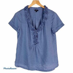 TALBOT Linen Short-Sleeve Chambray Deep V Ruffle Neckline Top 4
